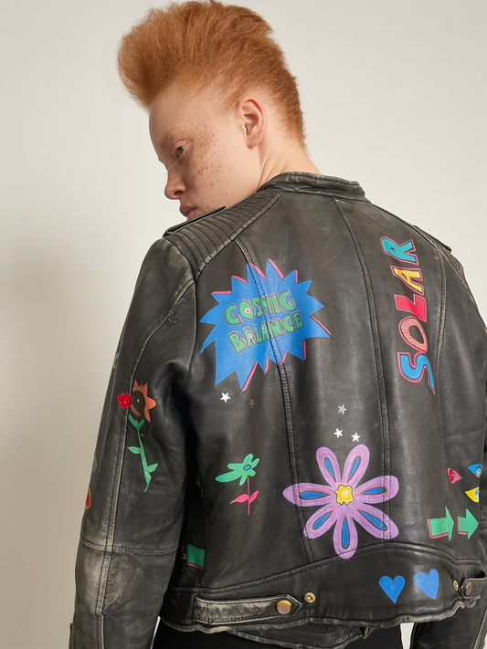 Hand-Painted Leather Jacket – New World | Upcycled Vintage Large | LION Ibiza