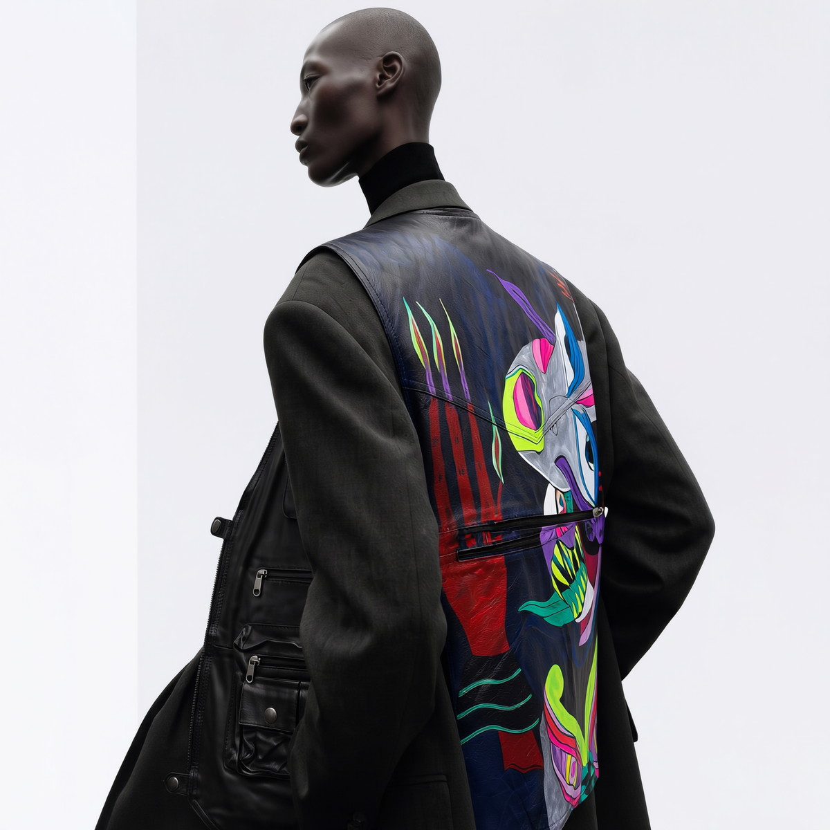 Hand-Painted Leather Jacket – The Dark Fem Divine | Upcycled Vintage XL | LION Ibiza
