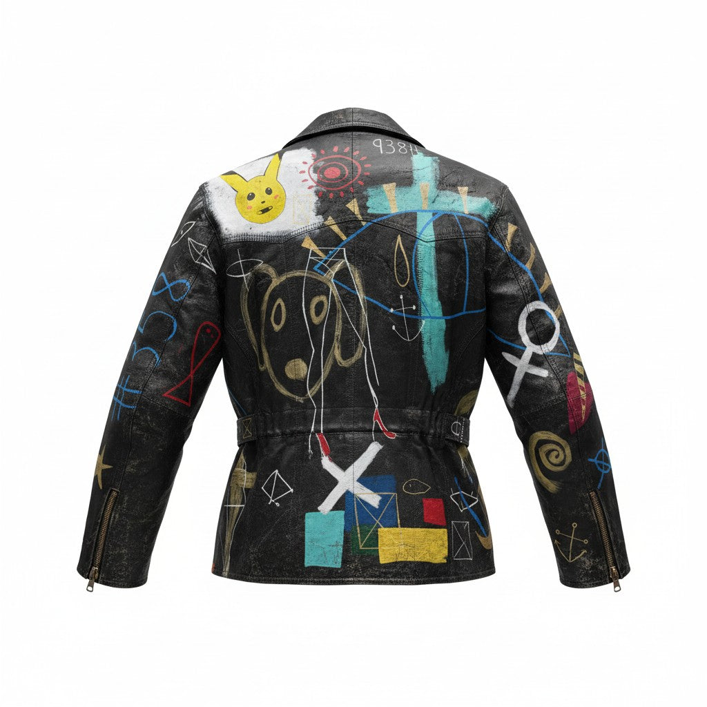 Black leather jacket with colorful abstract designs on a white background