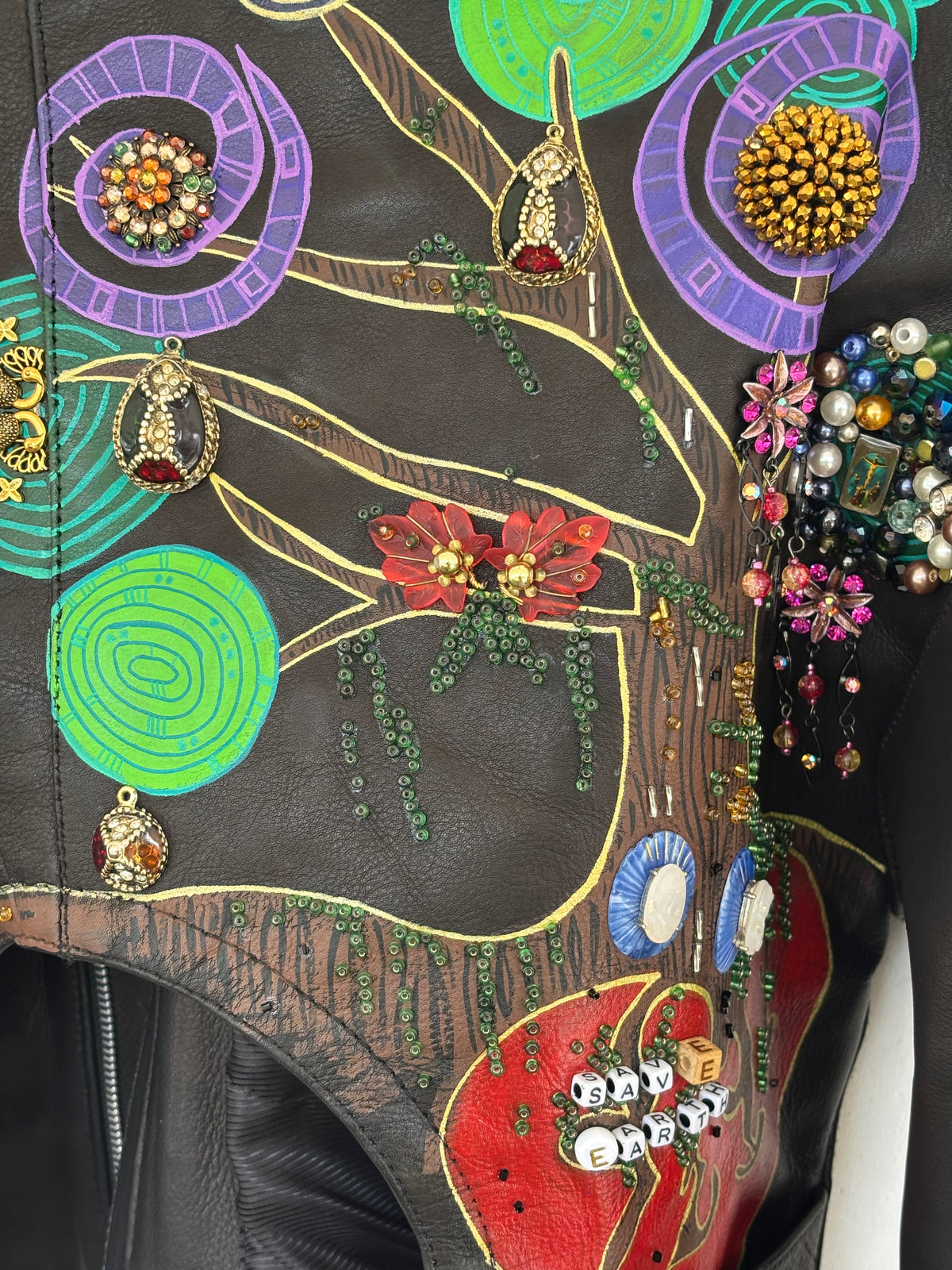 Hand-Painted Leather Jacket – Save Earth | Upcycled Vintage | LION Ibiza