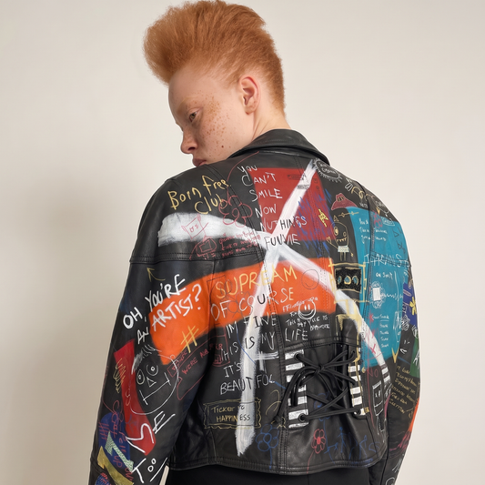 Hand-Painted Leather Jacket – Mom Look I Can Fly | Upcycled Vintage Small | LION Ibiza