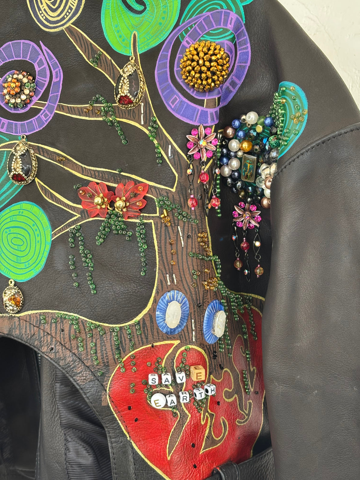 Hand-Painted Leather Jacket – Save Earth | Upcycled Vintage | LION Ibiza