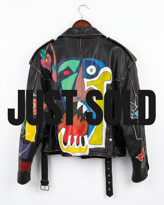 Hand-Painted Vintage Grunge Leather Jacket – Adam and Eve | Upcycled XL | LION Ibiza