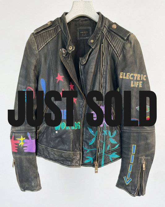 Hand-Painted Leather Jacket – New World | Upcycled Vintage Large | LION Ibiza