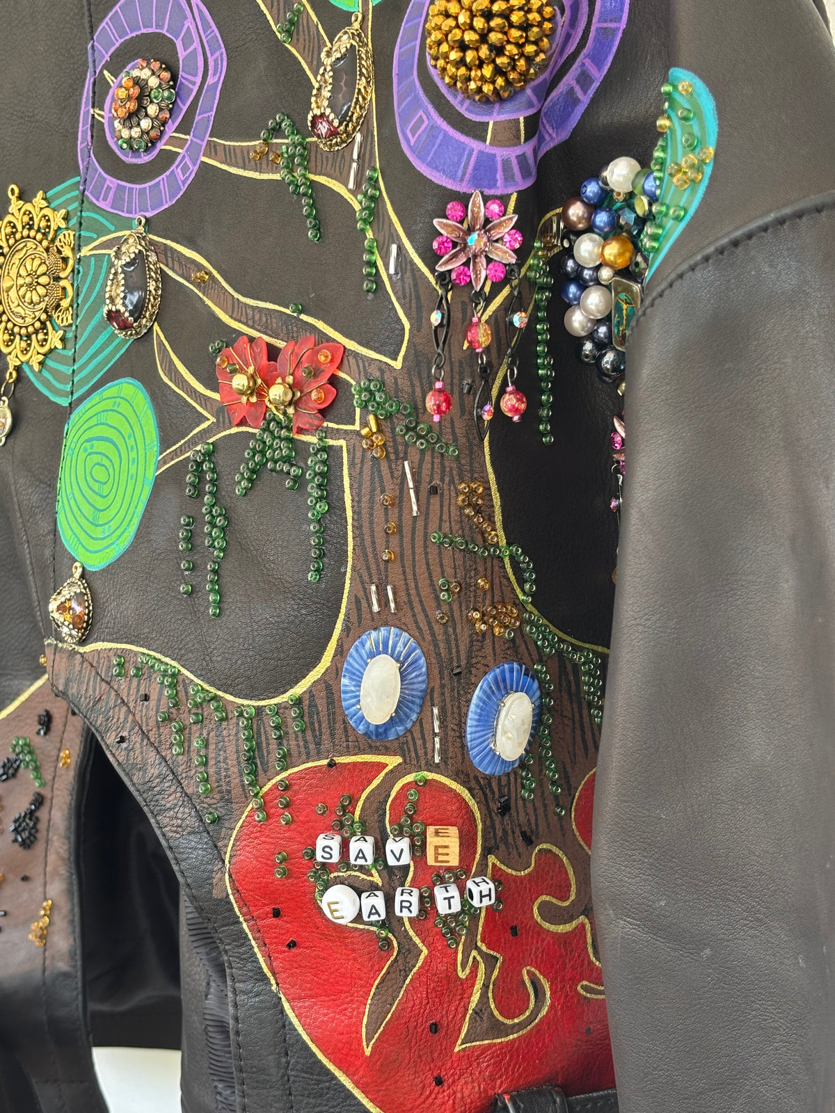 Hand-Painted Leather Jacket – Save Earth | Upcycled Vintage | LION Ibiza
