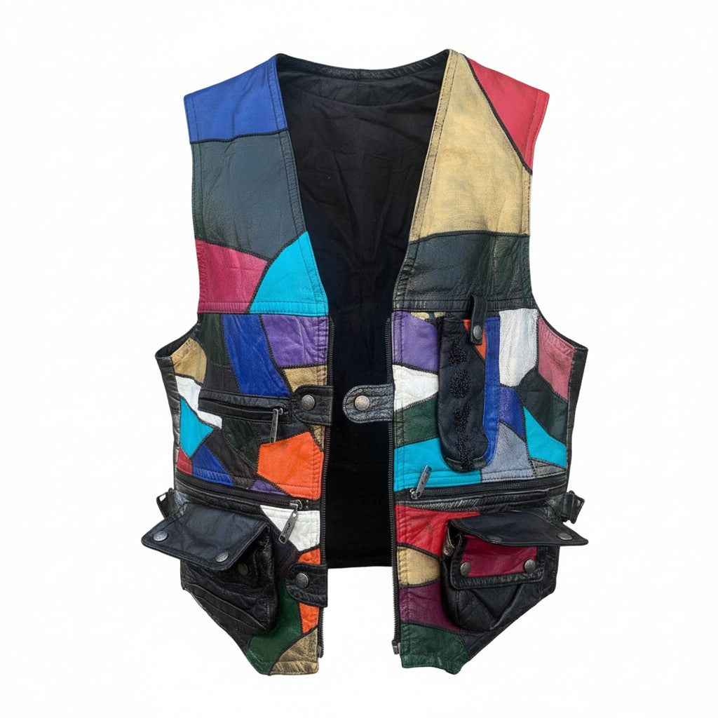 Colorful patchwork vest on a white background