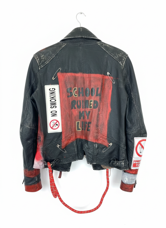 Black vintage jacket with red and white text and graphics on a white background