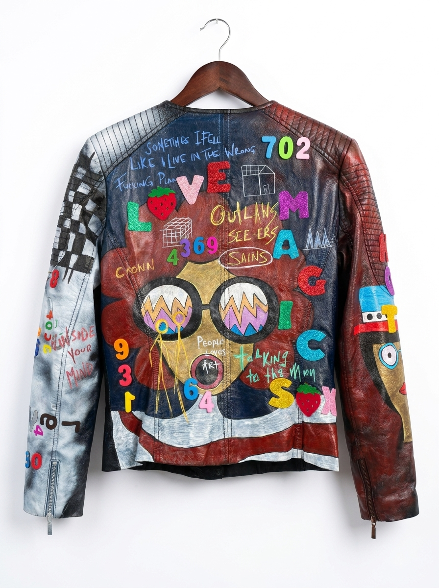 Colorful jacket with text and graphics on a white background