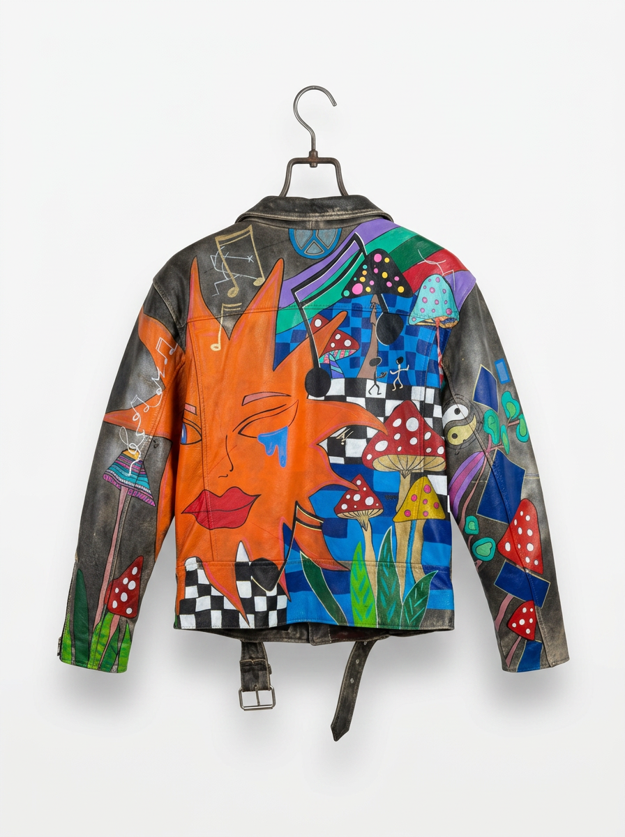 Colorful jacket with artistic designs on a white background