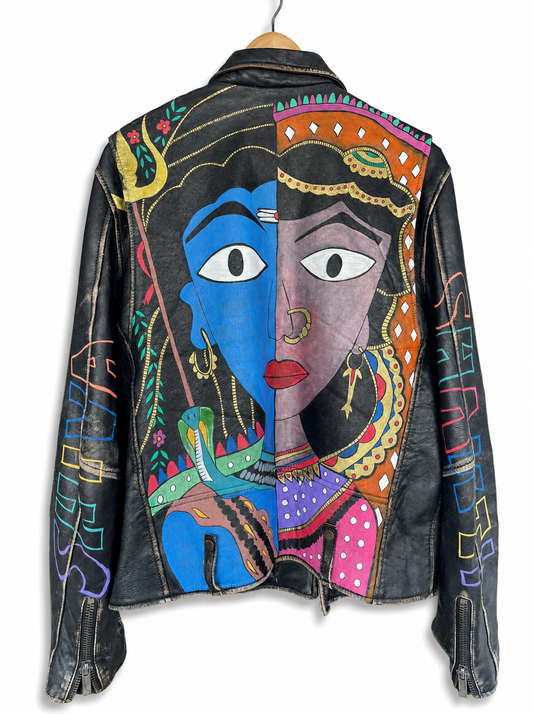 Colorful jacket with artistic depiction of faces on a white background