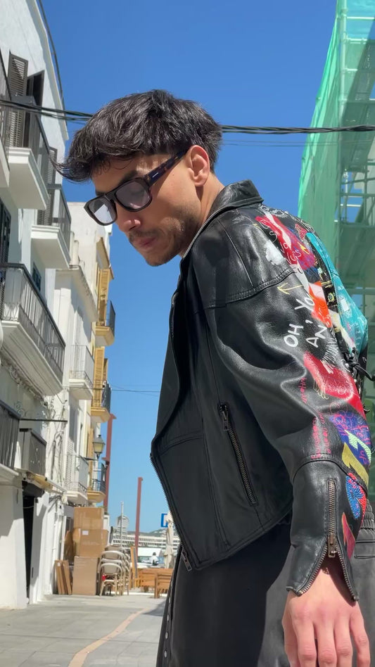 Hand-Painted Leather Jacket – Mom Look I Can Fly | Upcycled Vintage Small | LION Ibiza